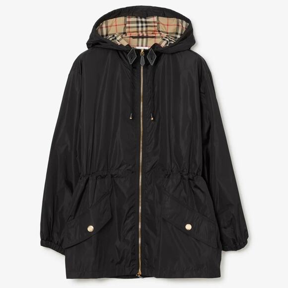 Burberry Women’s Size 6 Black Lightweight Nylon Rain Hooded Jacket Novacheck - Picture 1 of 16